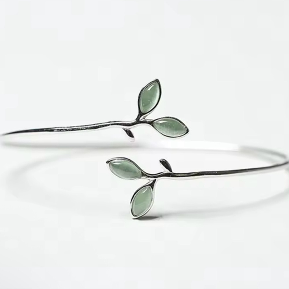 Elegant Silver Green Opal Leaf Twigs Branch Bracelet